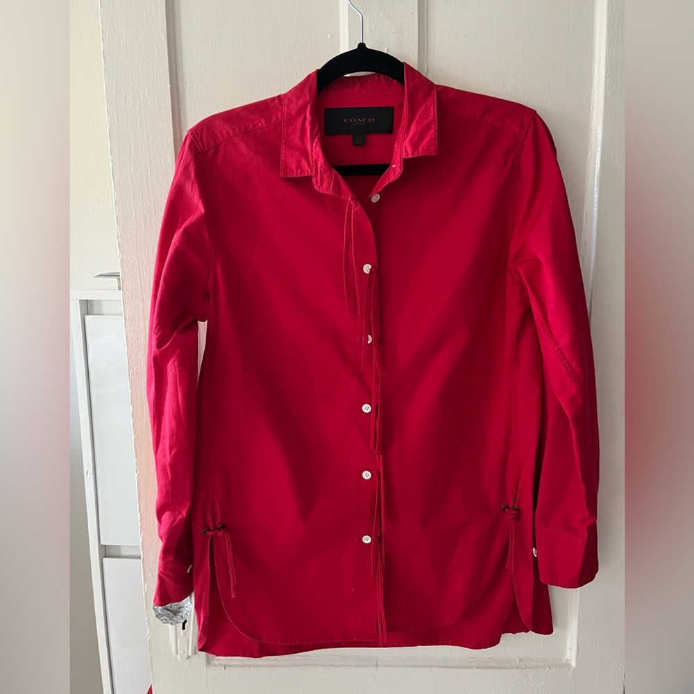 Coach Red Collared Button Up Blouse With Tie Deta… - image 1
